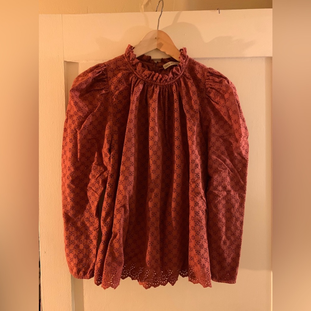 Ulla Johnson Gracie in Umber size 4 eyelet mockneck puff sleeve blouse